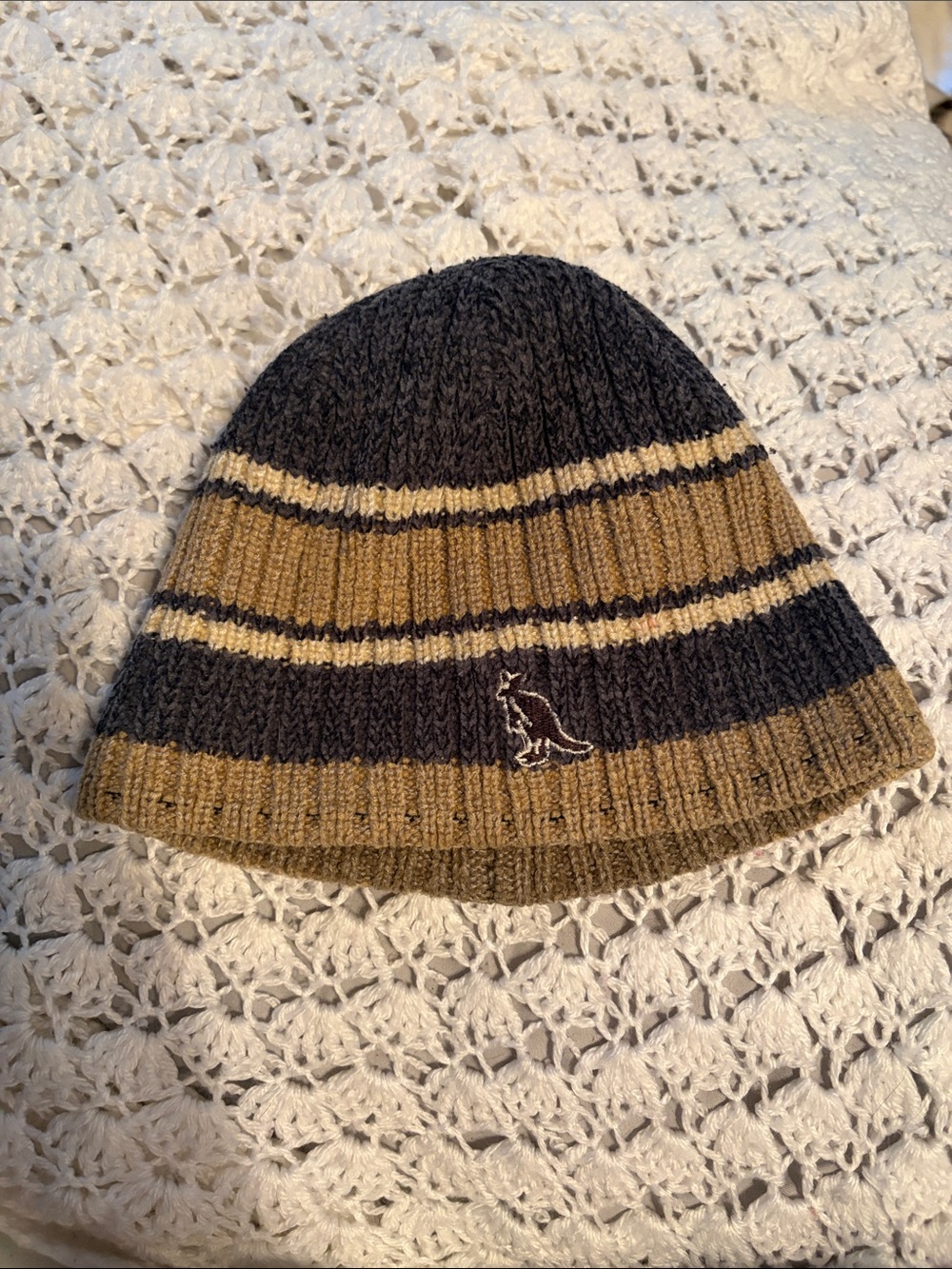 Men's Striped Knit Beanie Hat in Navy and Tan